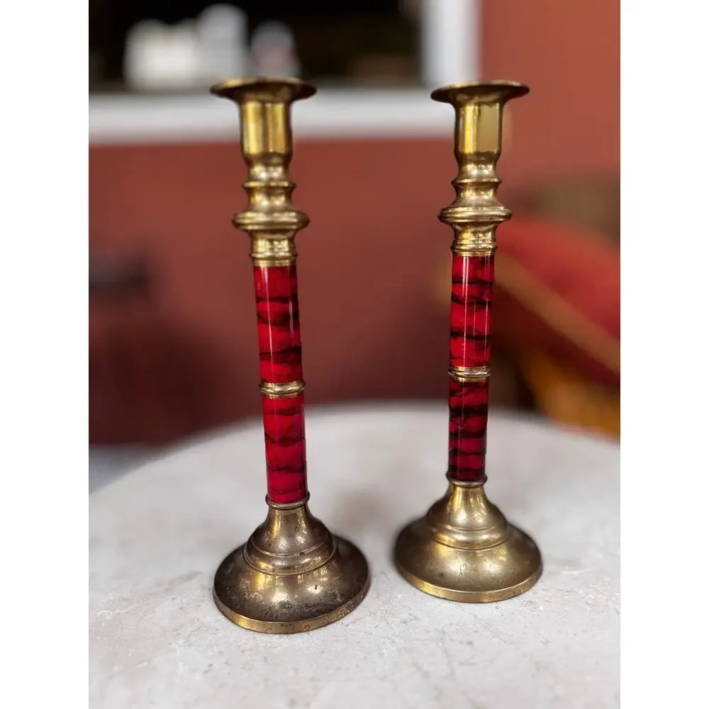 Vintage Brass Candlesticks Pair Red Faux Marble Enamel Column Stem 10
